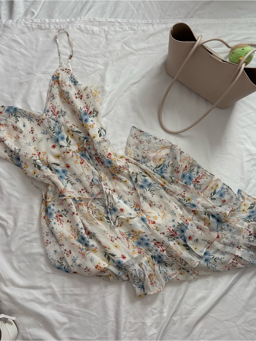 Others Floral White Midi Dress with Blue and Yellow Accents